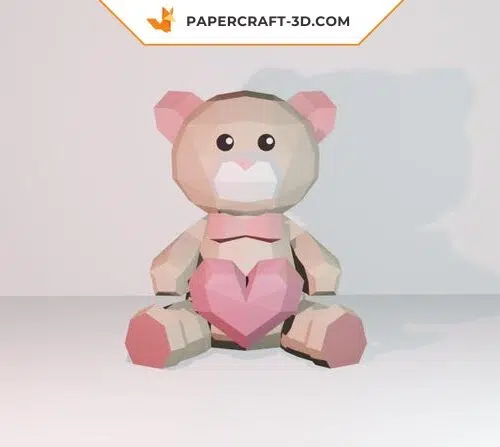 Papercraft urso com coração em origami 3D