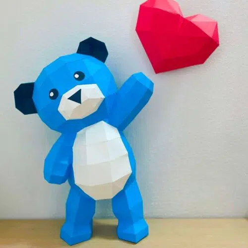 Papercraft teddy bear with heart in 3D origami