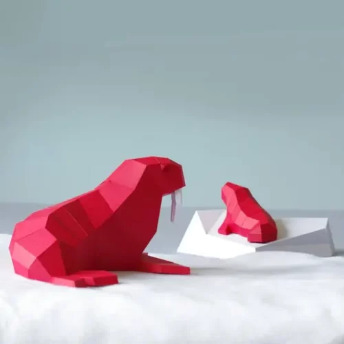 Papercraft de morsa con bebé en origami 3D