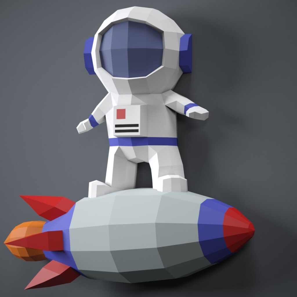 Papercraft d'astronaute sur fusée en origami 3D