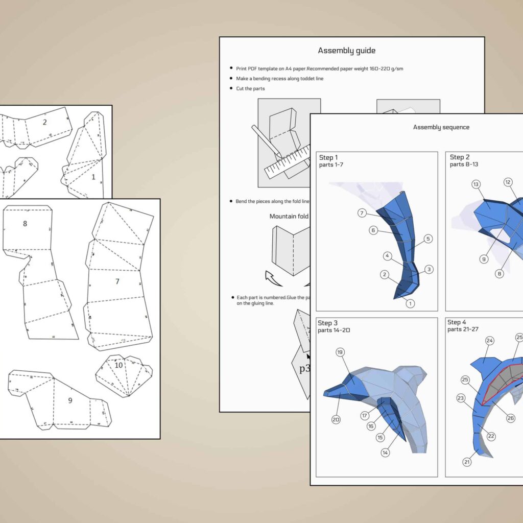 Papercraft de dauphins muraux en origami 3D