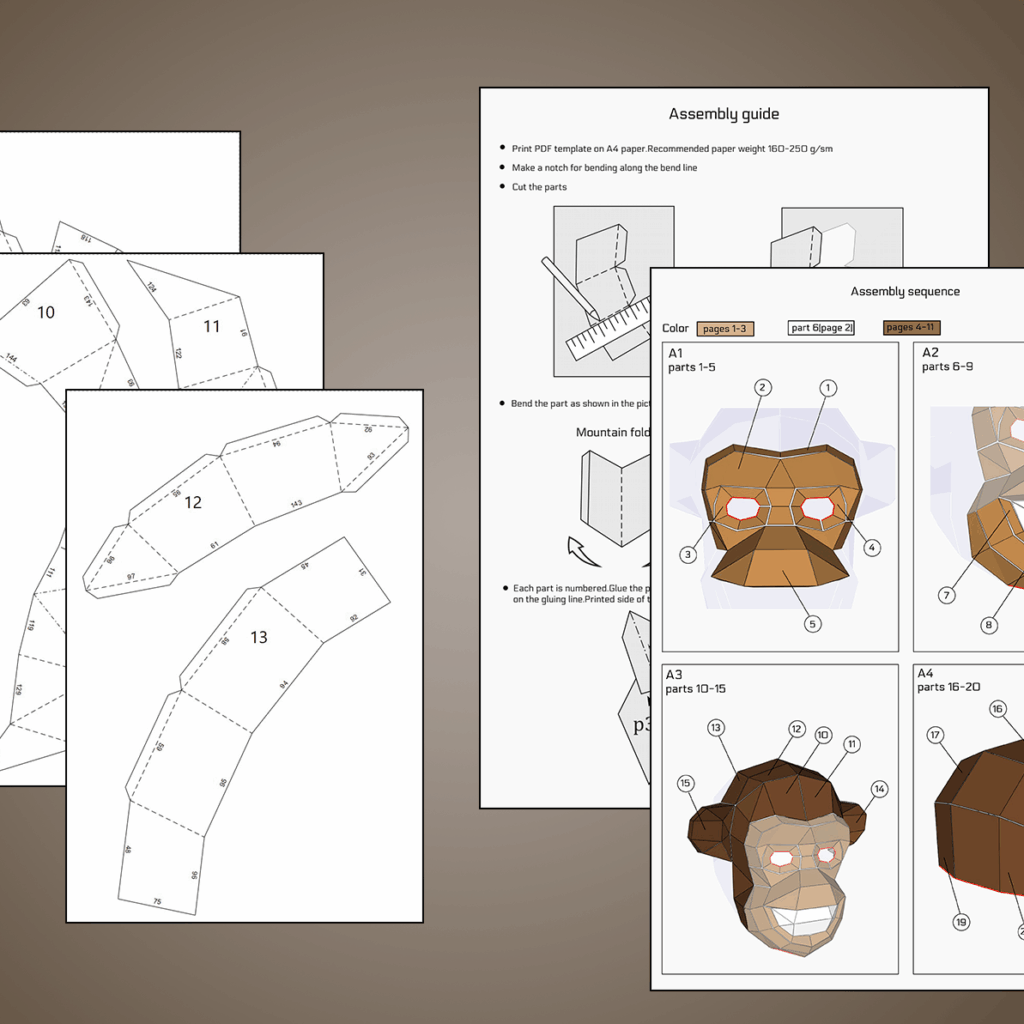 Papercraft de masque de singe en origami 3D
