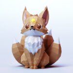 Petit renard Kitsune sur le soleil en papercraft 3D – modèle PDF, SVG et DXF