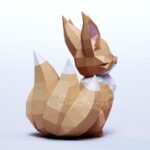 Petit renard Kitsune sur le soleil en papercraft 3D – modèle PDF, SVG et DXF