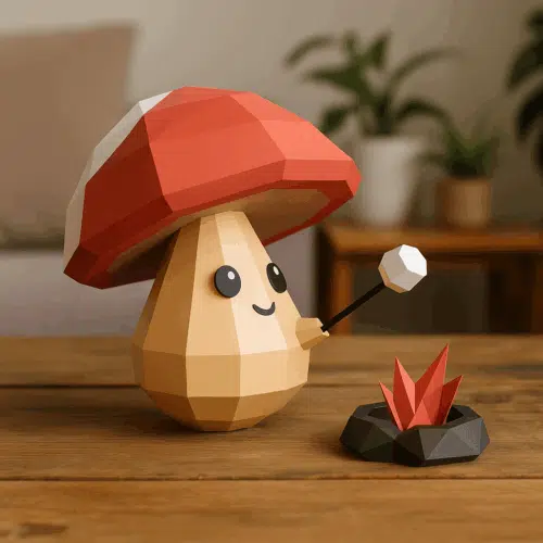 Champignon qui grille un chamallow en papercraft 3d