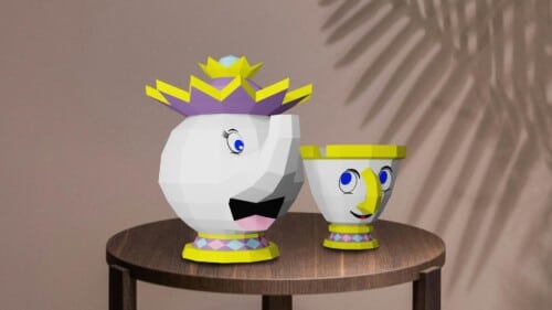 Zip et Mme Samovar de la Belle et la Bête en papercraft 3D