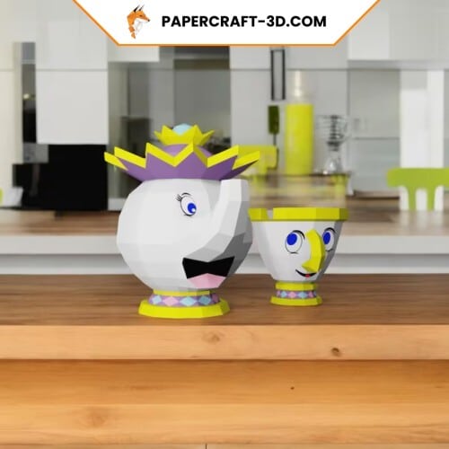 Zip et Mme Samovar de la Belle et la Bête en papercraft 3D