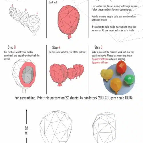 Papercraft 3D ballons à créer – 4 ballons + bonus mural | Modèle PDF Pepakura à assembler soi-même
