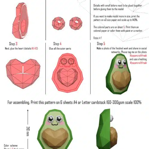 Papercraft de aguacate con corazón en origami 3D