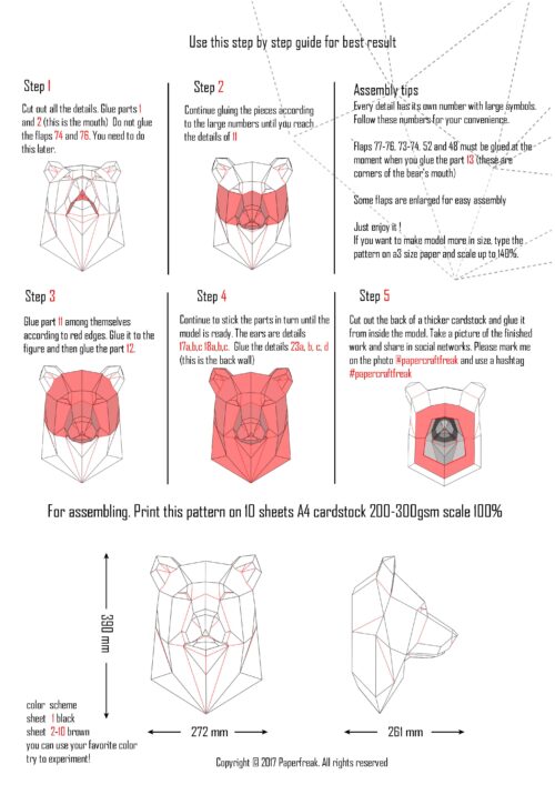 Papercraft de cabeça de urso em origami 3D