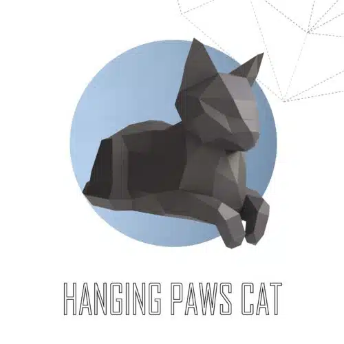 Papercraft de gato deitado com patas penduradas em origami 3D