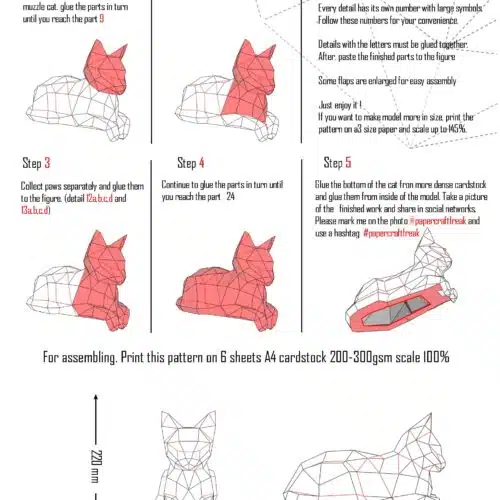 Papercraft de gato deitado com patas penduradas em origami 3D