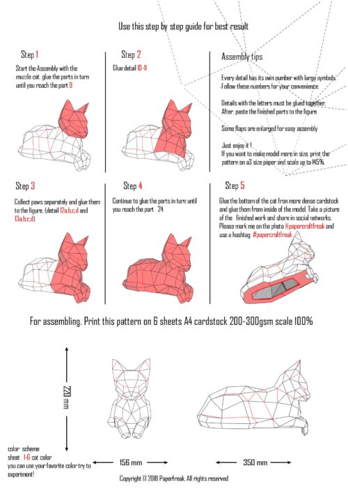 Papercraft 3D cat with hanging paws origami