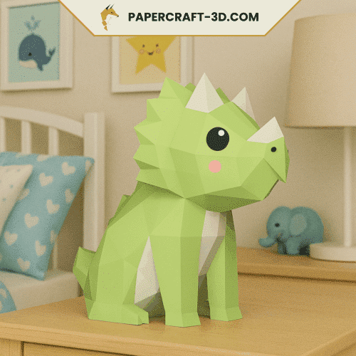 Mini tricératops assis en papercraft 3D