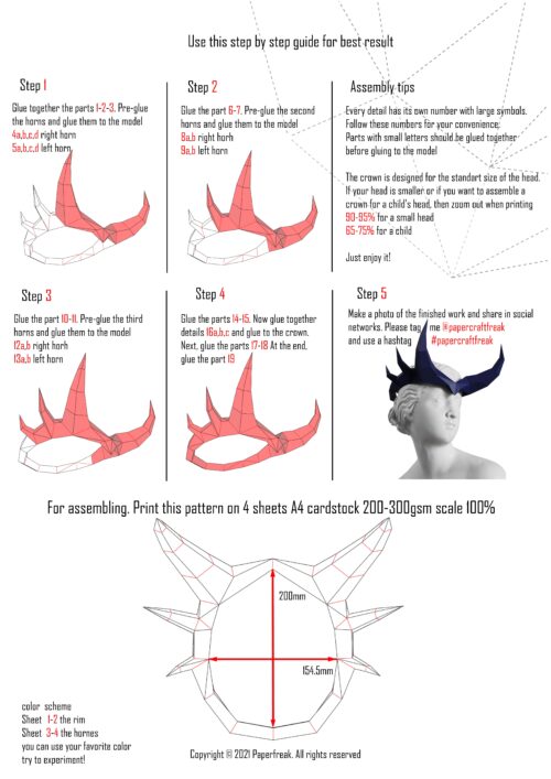 Papercraft horned crown in origami 3D