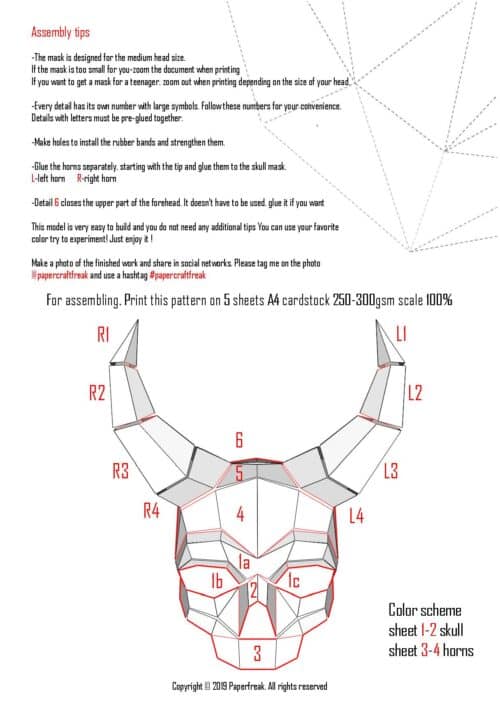Papercraft Schädelmaske mit Hörnern für Halloween in Origami 3D