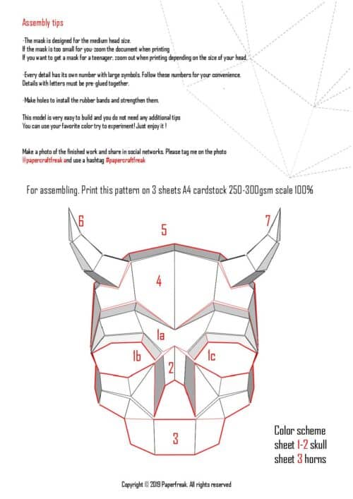Papercraft de máscara de calavera con cuernos en origami 3D