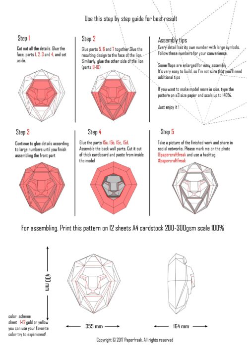 Papercraft de cabeça de leão em origami 3D