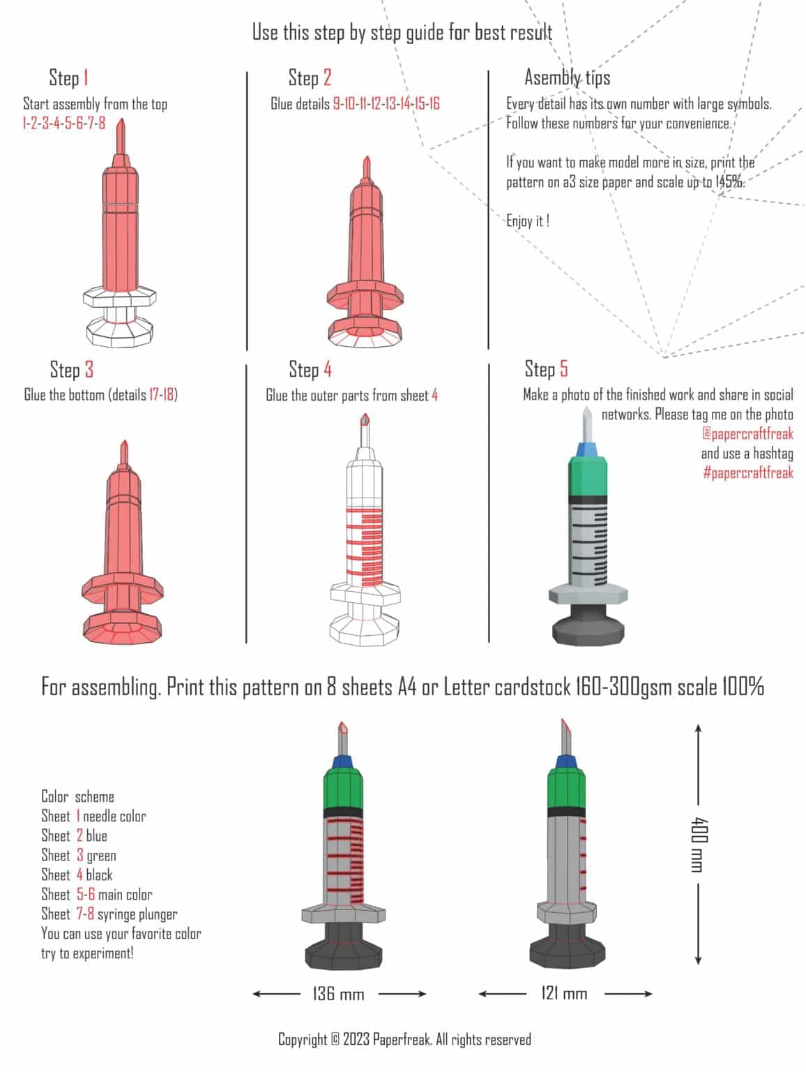 Papercraft of medical syringe in 3D origami Papercraft of medical syringe in 3D origami