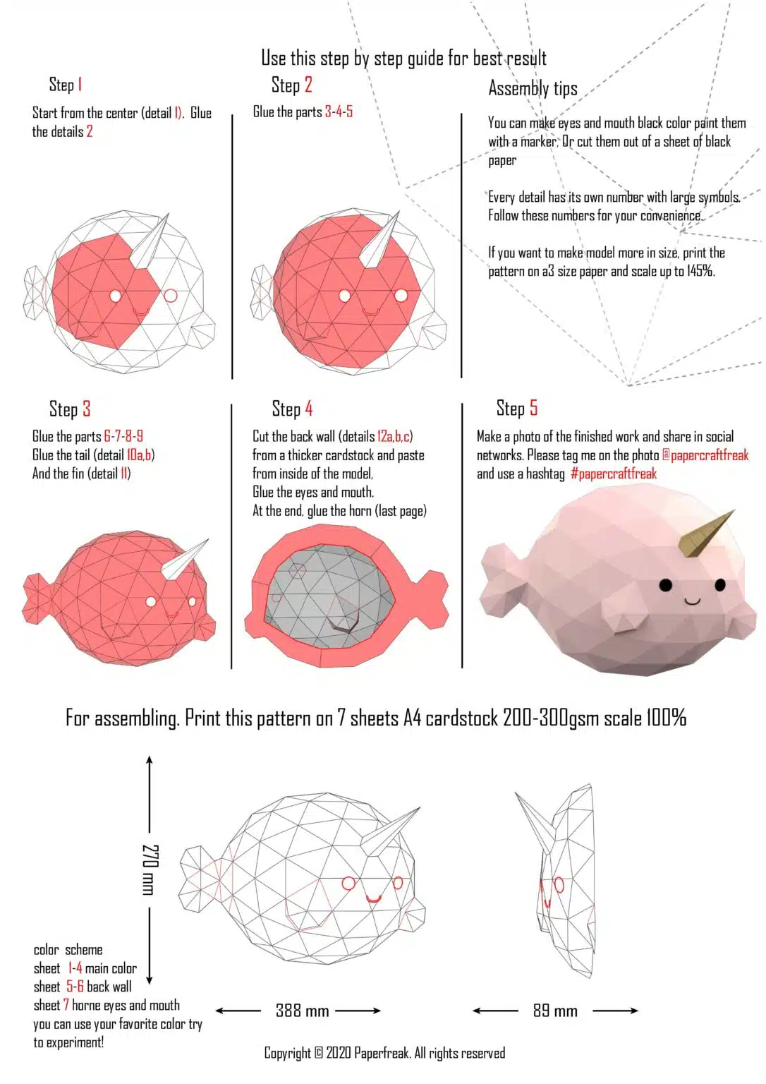 Papercraft de poisson narval en origami 3D Papercraft de poisson narval en origami 3D