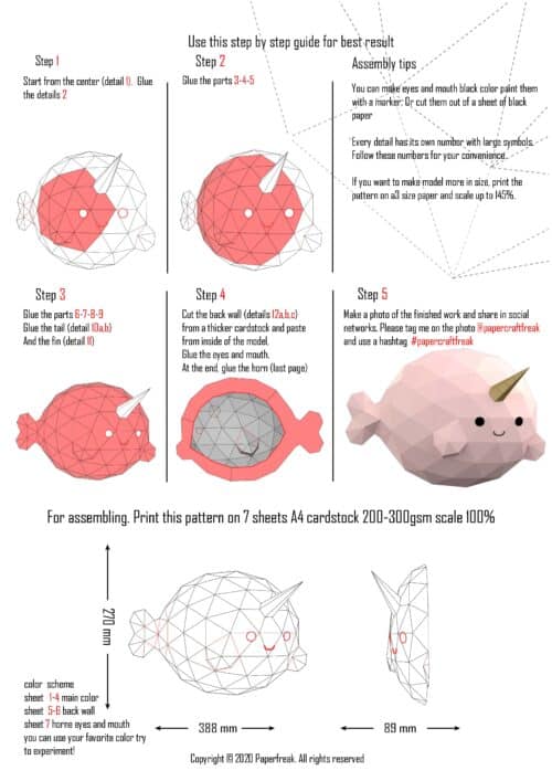 Papercraft cute narwhal origami 3D