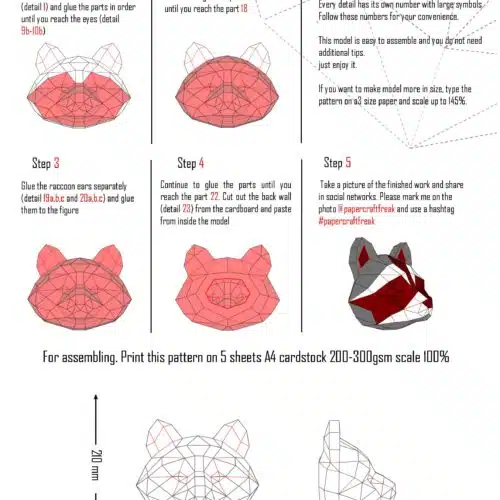 Papercraft origami 3D Waschbärenkopf