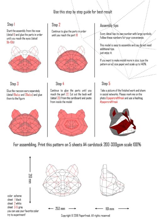 Papercraft origami 3D Waschbärenkopf