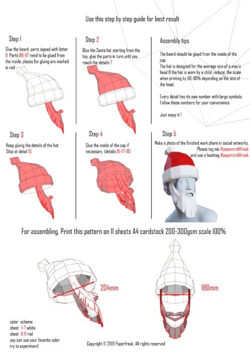 Papercraft cappello di Babbo Natale con barba in origami 3D