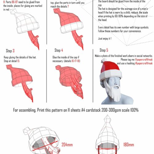 Papercraft gorro de Papá Noel con barba en origami 3D