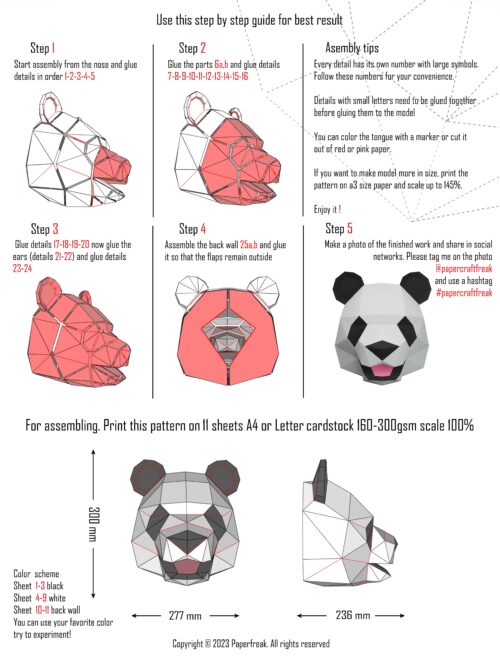 Papercraft di testa di panda in origami 3D