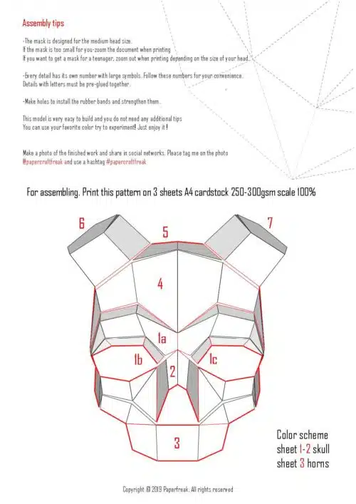 Papercraft de máscara de calavera con cuernos en origami 3D