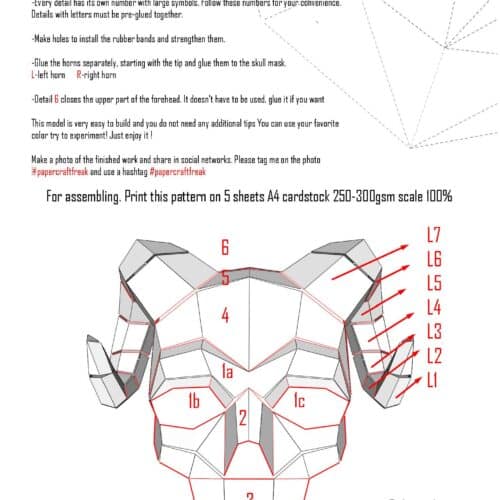 Papercraft máscara de calavera con cuernos en origami 3D