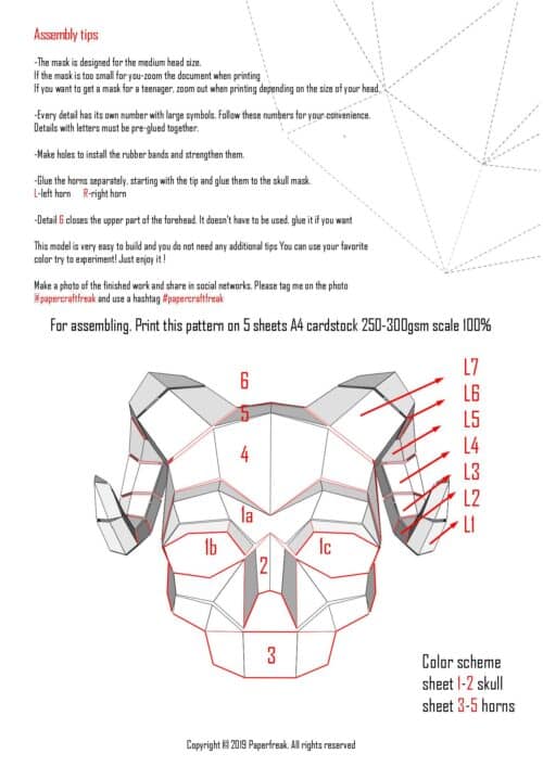 Papercraft máscara de calavera con cuernos en origami 3D