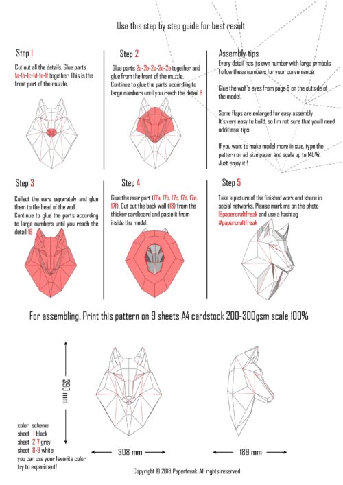 Papercraft cabeça de lobo em origami 3D