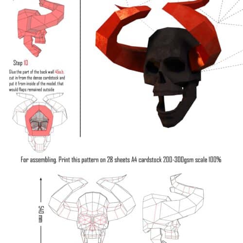 Crâne démoniaque avec cornes en papercraft 3D