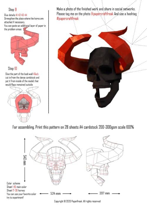 Crâne démoniaque avec cornes en papercraft 3D