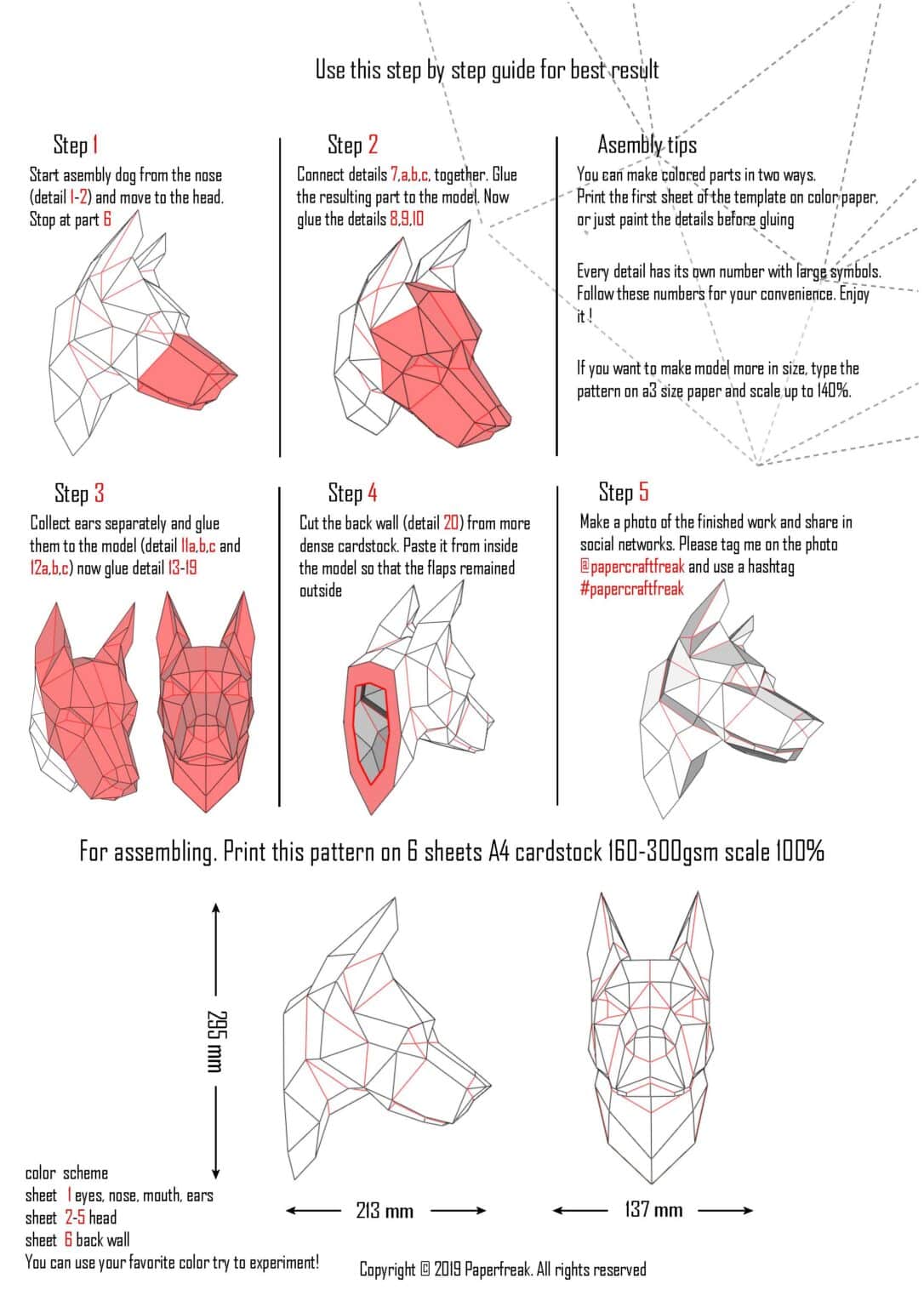 Papercraft de cabeça de doberman em origami 3D Papercraft de cabeça de doberman em origami 3D