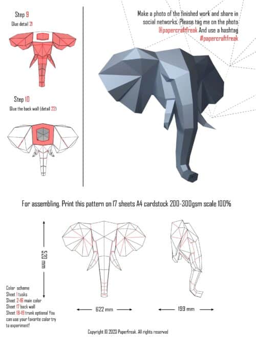 Tête d'éléphant en papercraft 3D