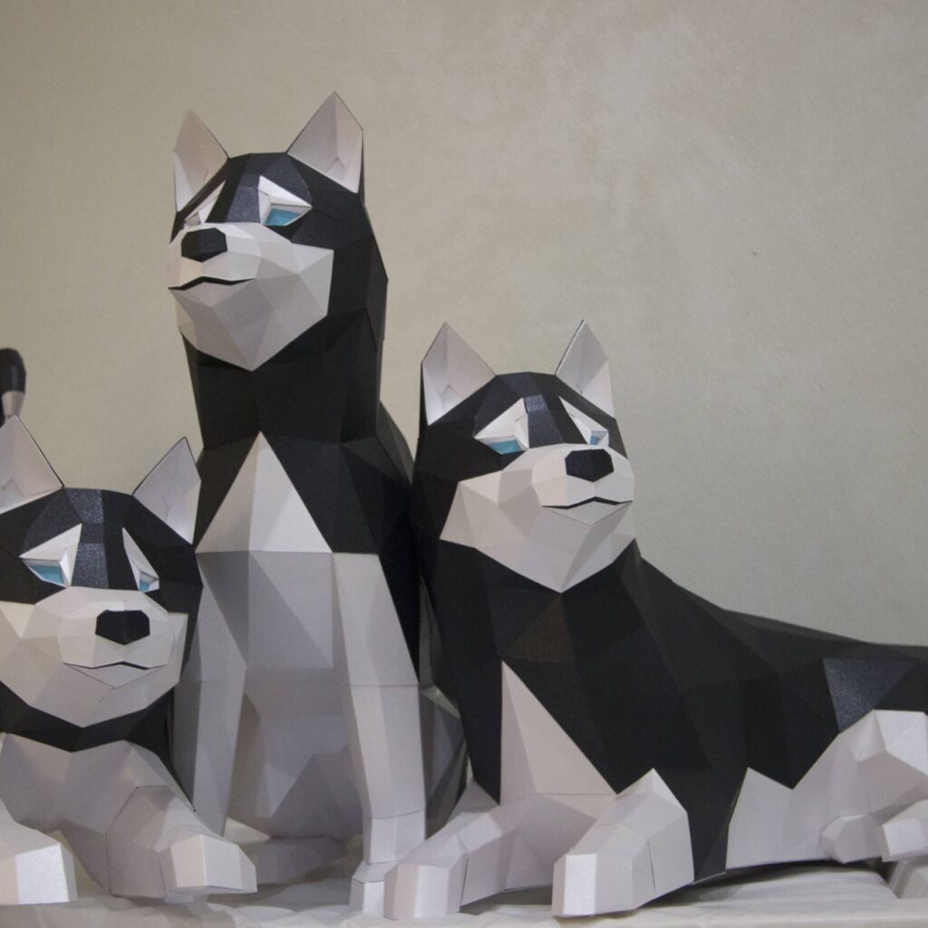 Husky allongé en papercraft 3D