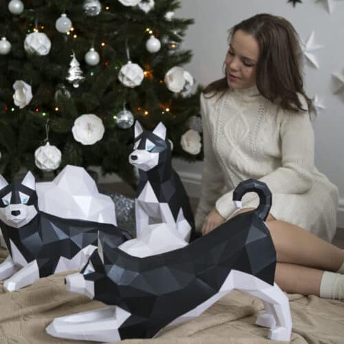 Husky allongé en papercraft 3D