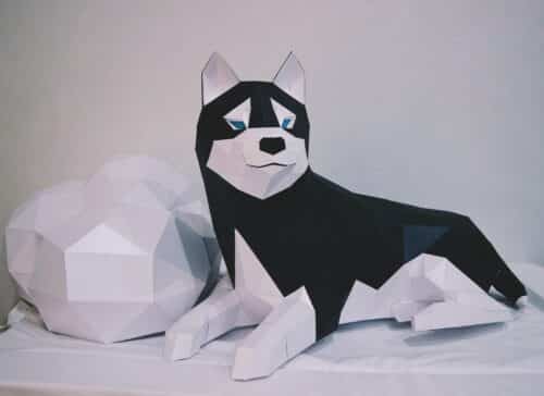 Husky allongé en papercraft 3D