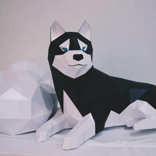Husky allongé en papercraft 3D