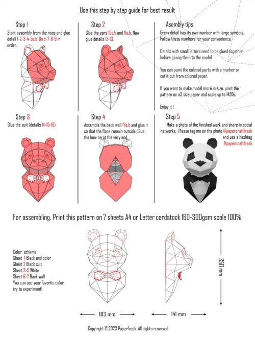 Panda en costume en papercraft 3D