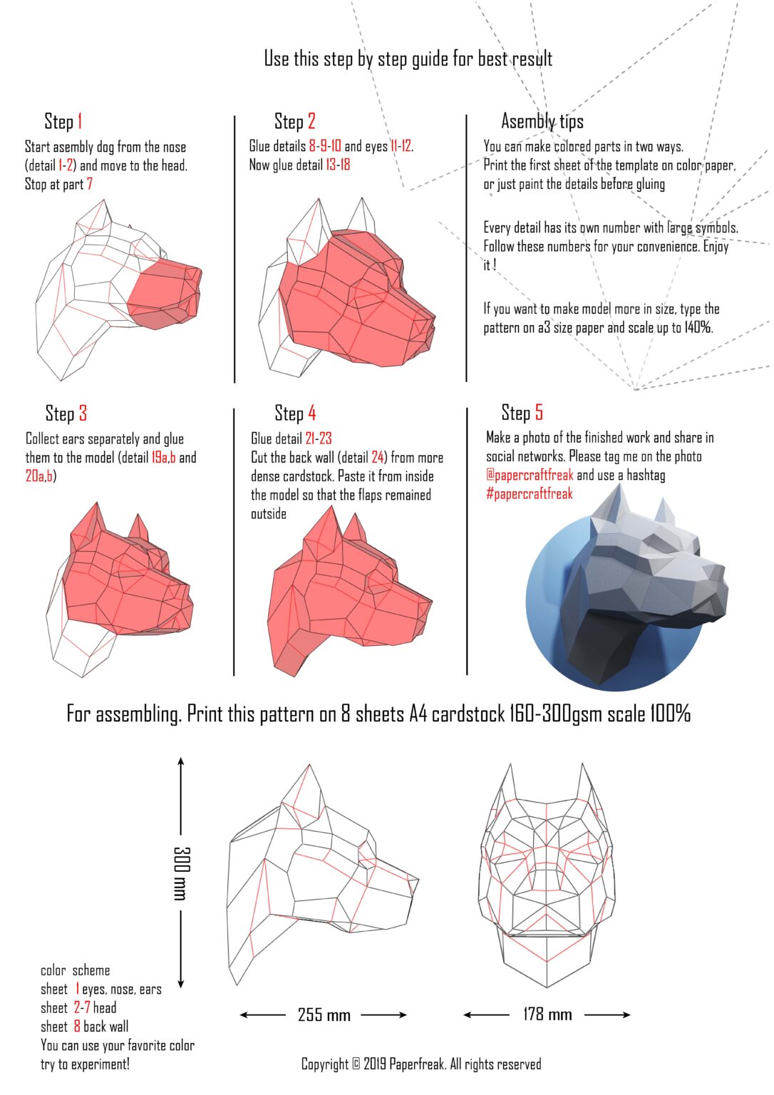 Papercraft di testa di pitbull in origami 3D Papercraft di testa di pitbull in origami 3D