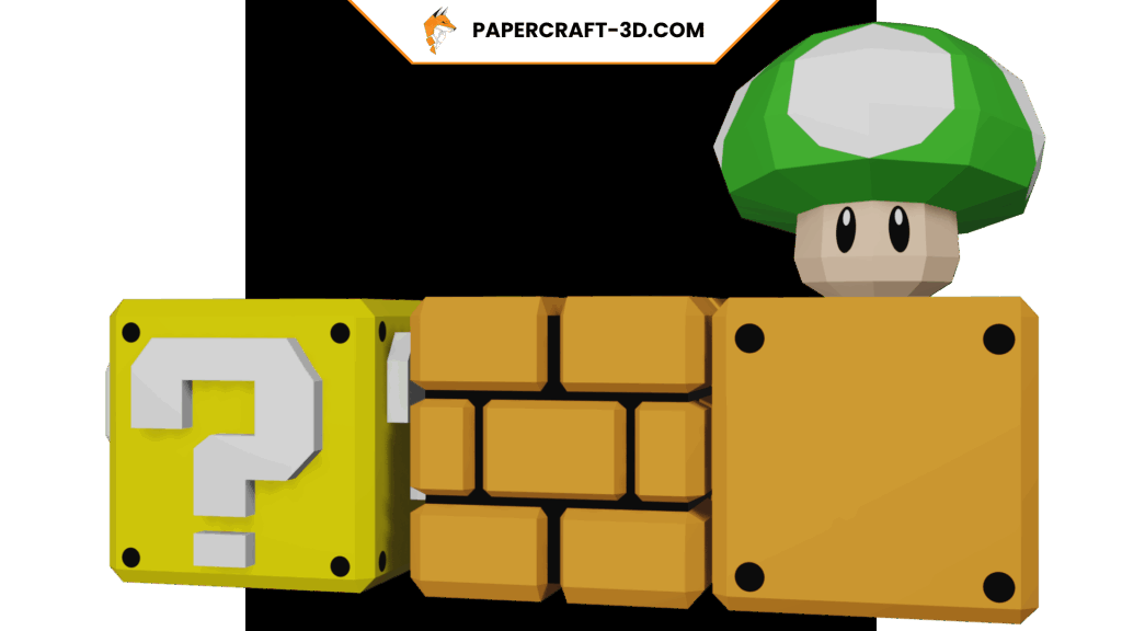 Papercraft de bloques retro gaming y champiñón en origami 3D Papercraft de bloques retro gaming y champiñón en origami 3D