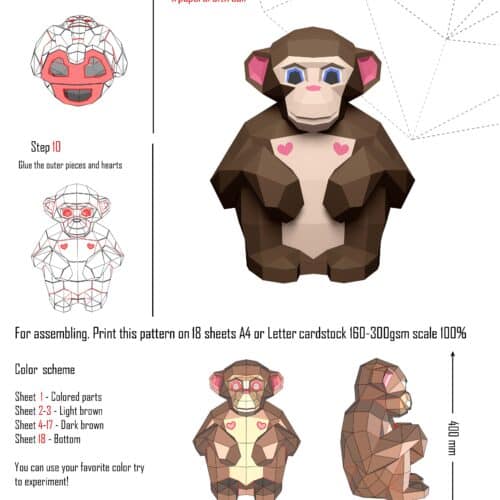Singe assis en papercraft 3D